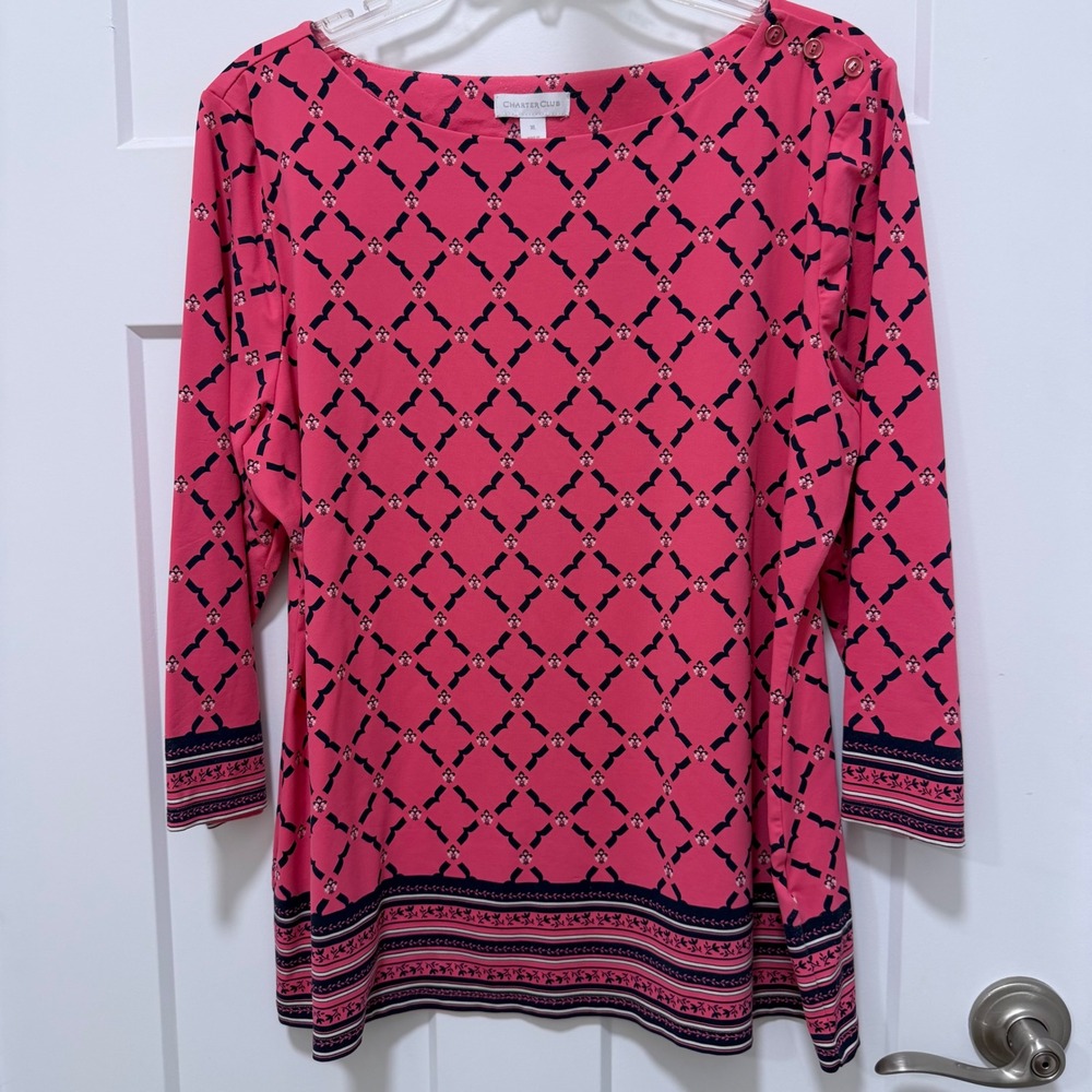 Charter Club Pink Navy Geometric Boat Neck Button Shoulder Top XL